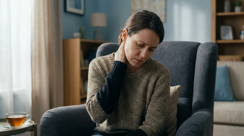 Femme fatiguée assise dans un fauteuil, se tenant le cou avec une expression de douleur ou de gêne.