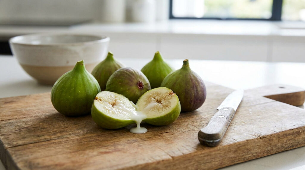 Des figues vertes et violacées sur une planche à découper, une coupée en deux avec du latex blanc qui s'écoule.