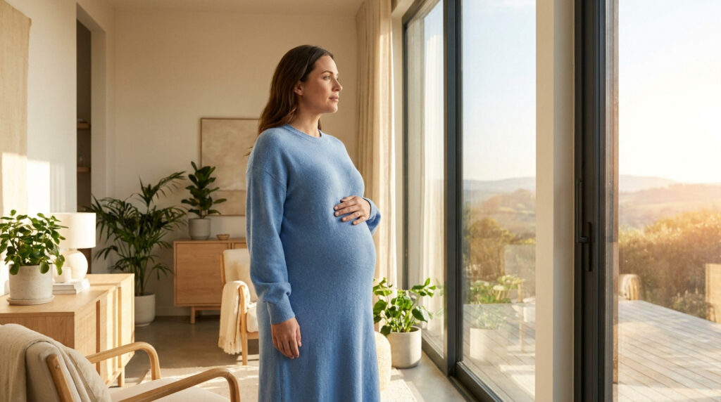 Une femme enceinte en robe bleue, main sur le ventre, regarde pensivement par une grande fenêtre vers un paysage ensoleillé.