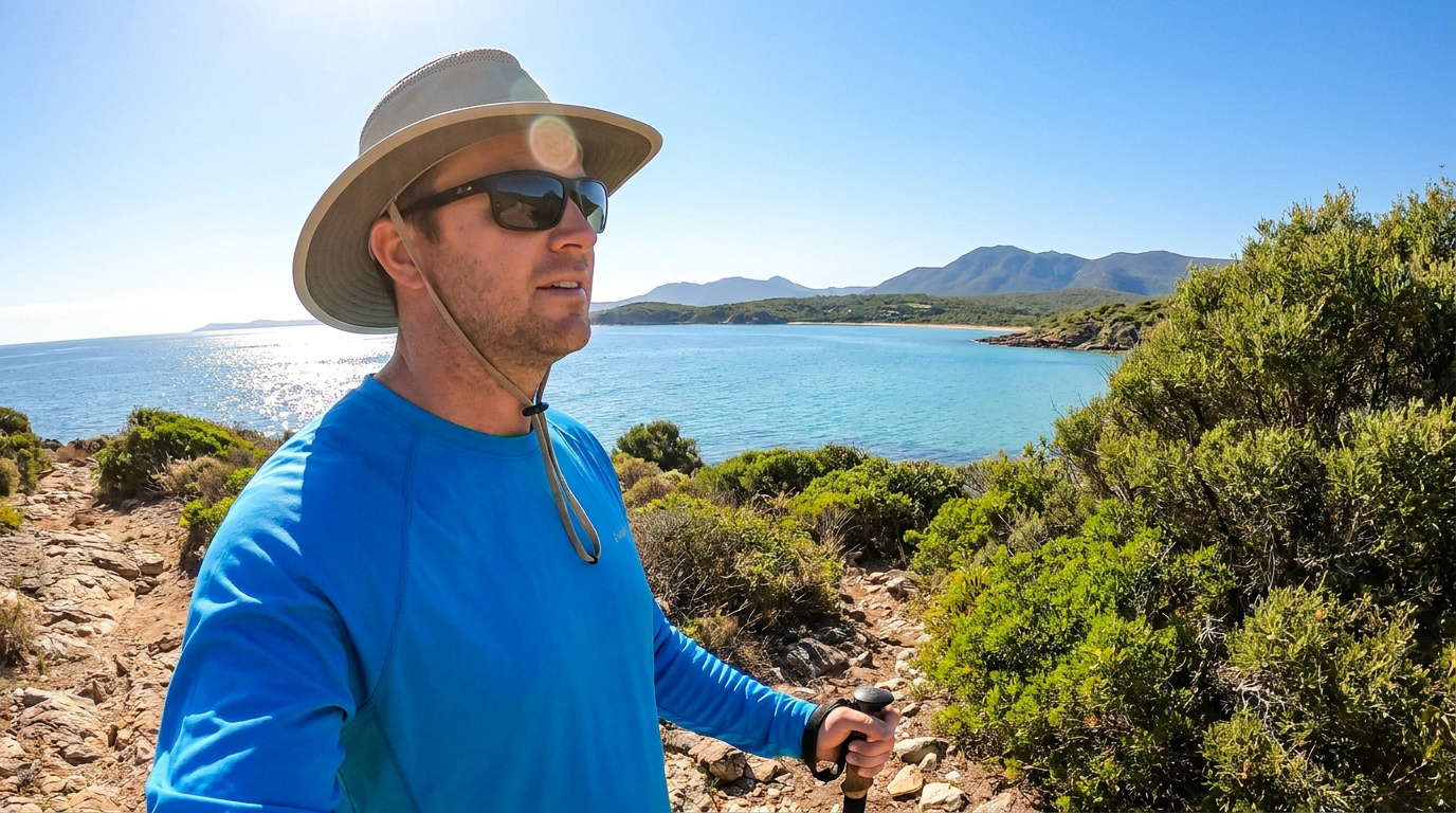 Un randonneur bien protégé du soleil (chapeau, lunettes, t-shirt UV) admire la mer et la côte méditerranéenne sous un ciel bleu.