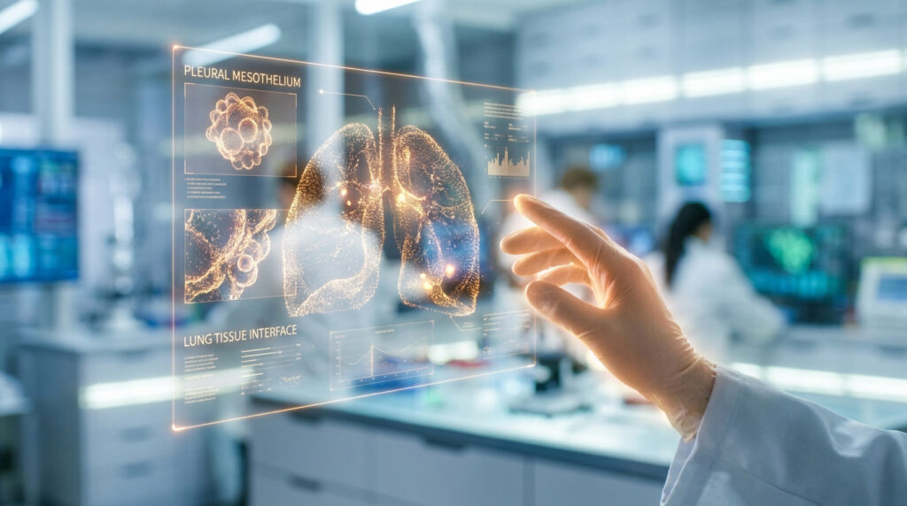 Une main gantée interagit avec un écran holographique affichant des poumons lumineux et des données sur le mésothéliome pleural dans un laboratoire.