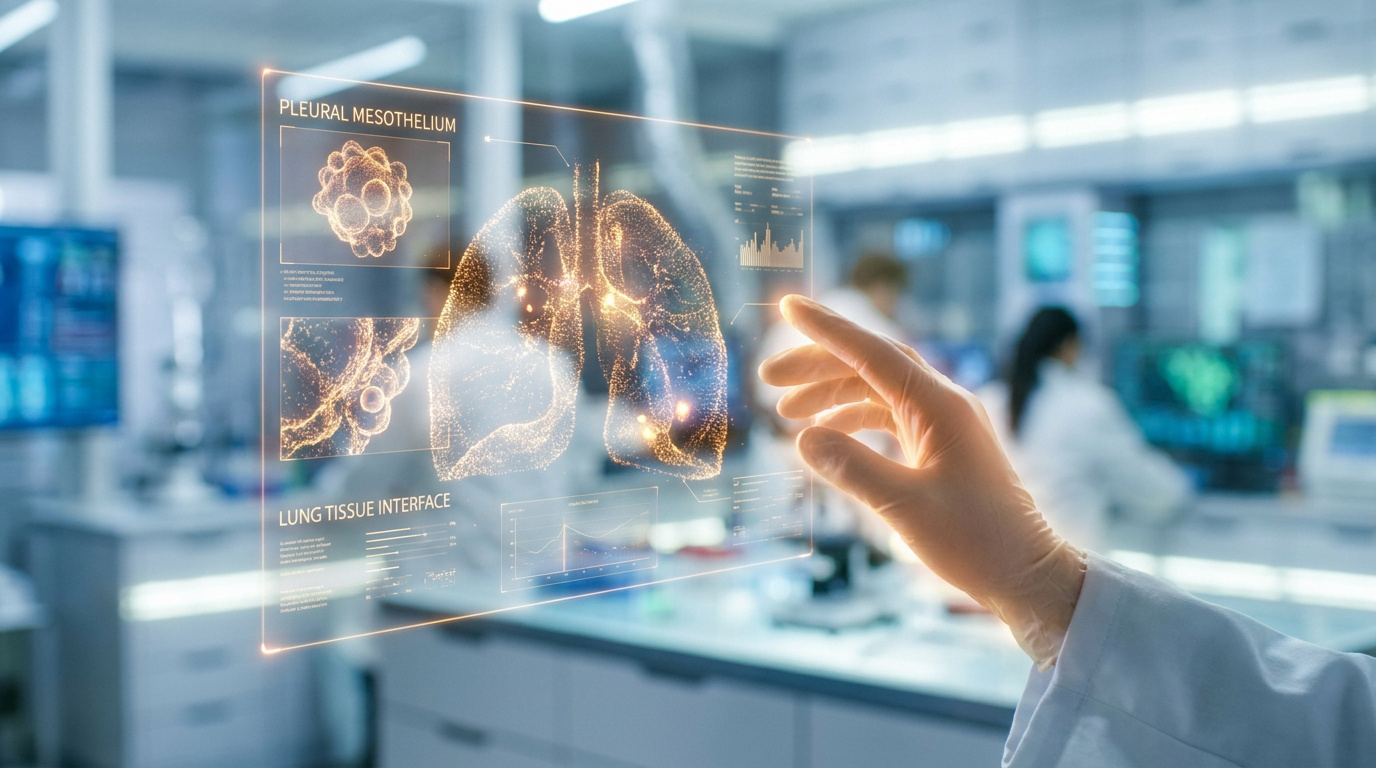Une main gantée interagit avec un écran holographique affichant des poumons lumineux et des données sur le mésothéliome pleural dans un laboratoire.