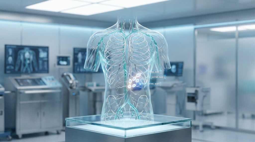Modèle 3D holographique d'un torse humain montrant trois ganglions sentinelles marqués dans un environnement médical high-tech.