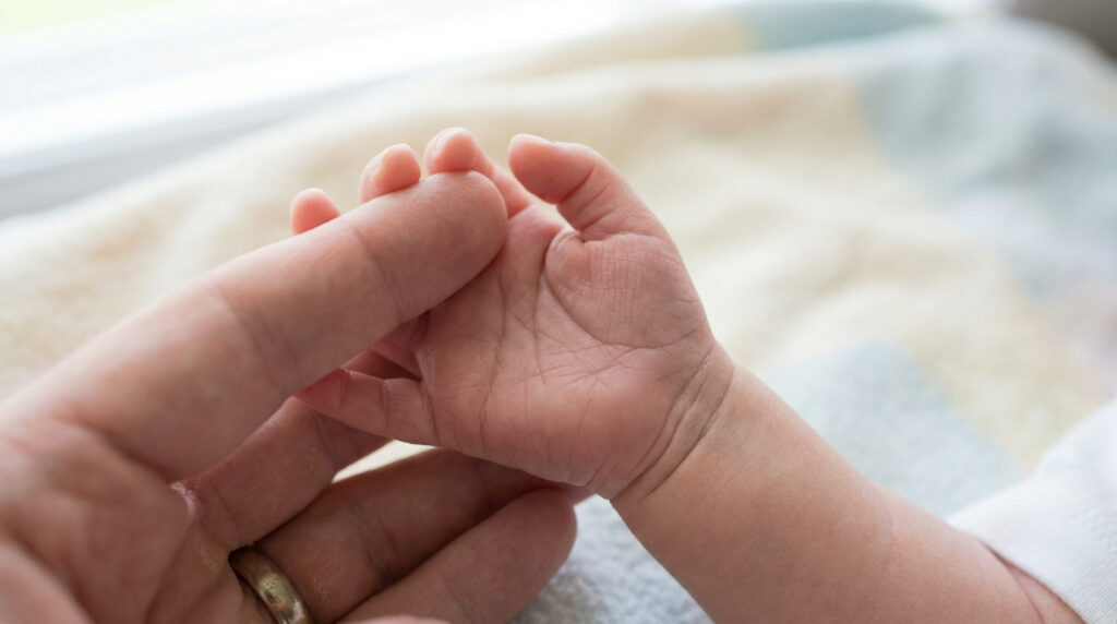 Gros plan sur une main de bébé tenant le doigt d'un adulte, montrant les plis palmaires sur un fond doux et flou.