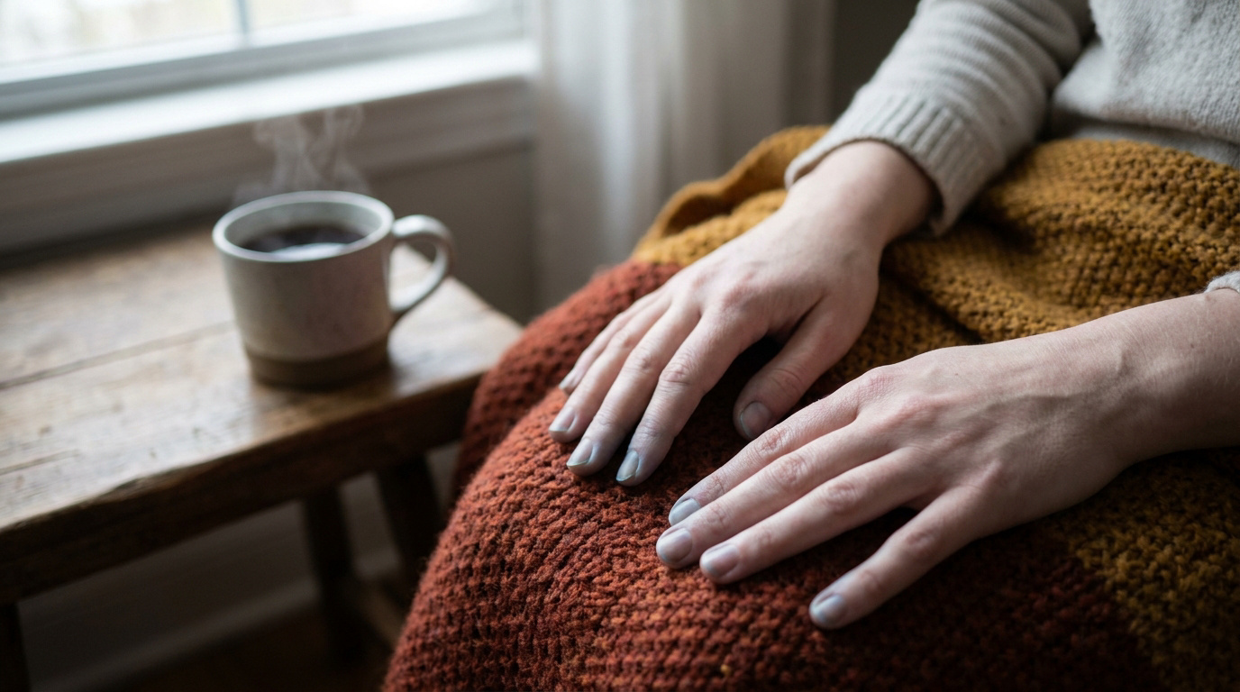Gros plan sur des mains aux ongles bleutés, posées sur une couverture chaude près d'une tasse fumante, évoquant le froid et la cyanose.