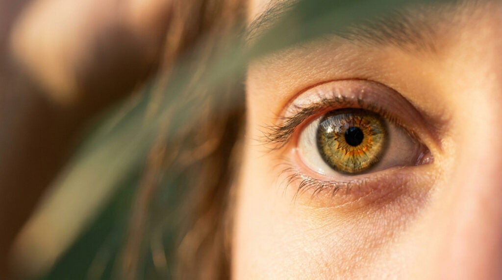 Gros plan sur un œil humain, révélant la complexité et les nuances vertes, dorées et marron de l'iris noisette.