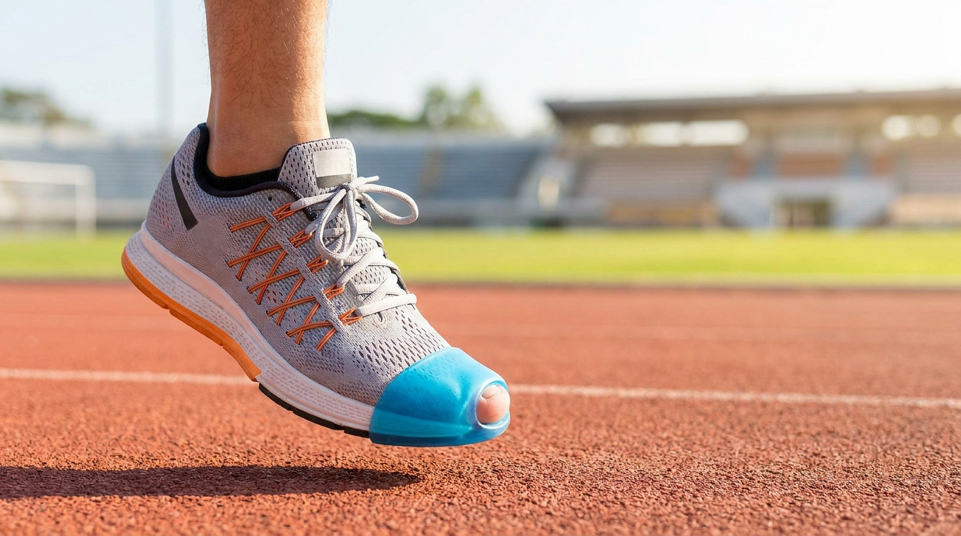 Gros plan sur un pied chaussé d'une basket grise avec une protection d'ongle bleue sur une piste d'athlétisme, stade en arrière-plan.