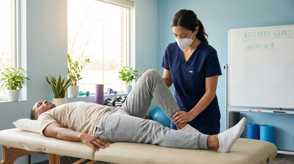 Kinésithérapeute masquée aide un homme à faire un exercice de flexion du genou sur une table d'examen, en rééducation post-fracture.