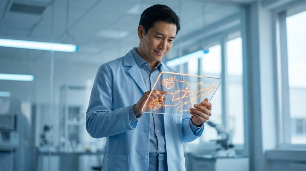 Médecin en blouse de laboratoire examine des données médicales complexes (foie, cellules, graphiques) sur une tablette holographique dans un labo.