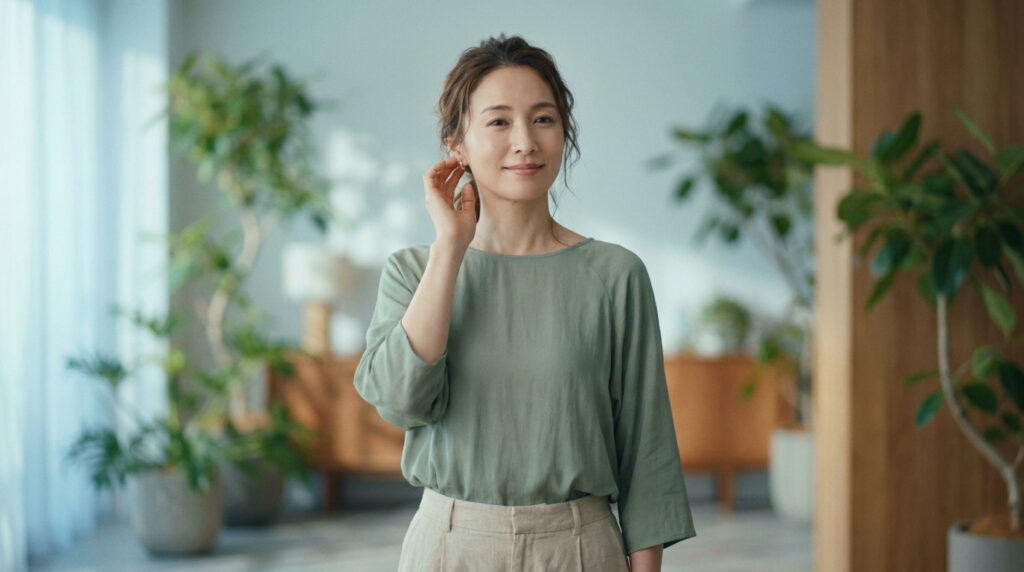 Femme asiatique souriante, main près de l'oreille, vêtue d'un haut vert olive et pantalon clair, dans un intérieur lumineux avec plantes.