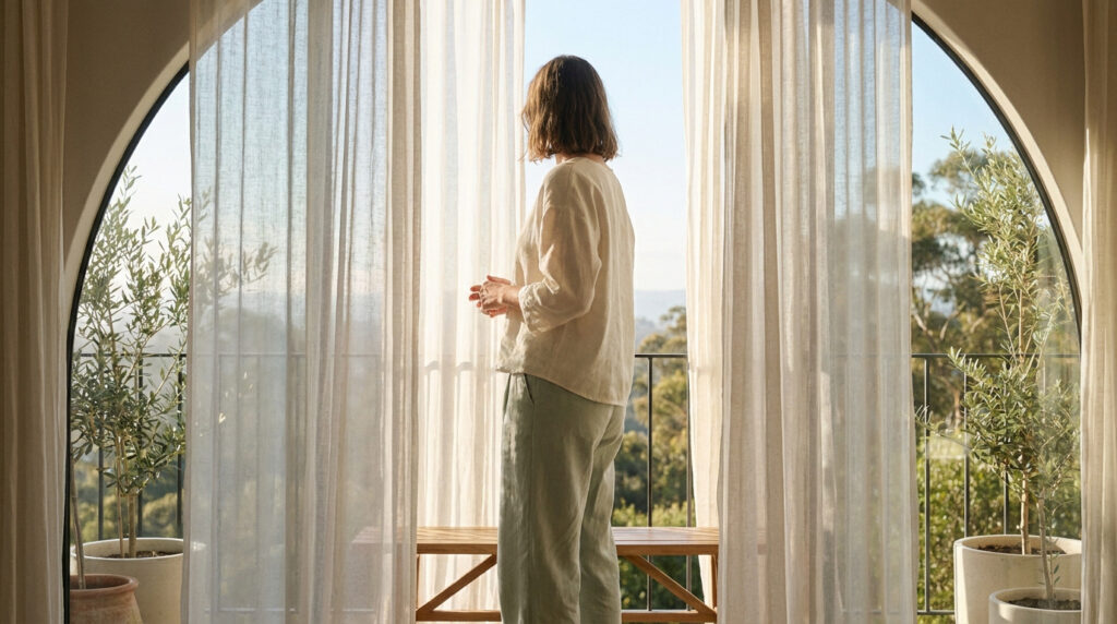 Une femme, de dos, regarde dehors par une fenêtre cintrée avec des rideaux blancs, contemplant un paysage verdoyant. Scène paisible.