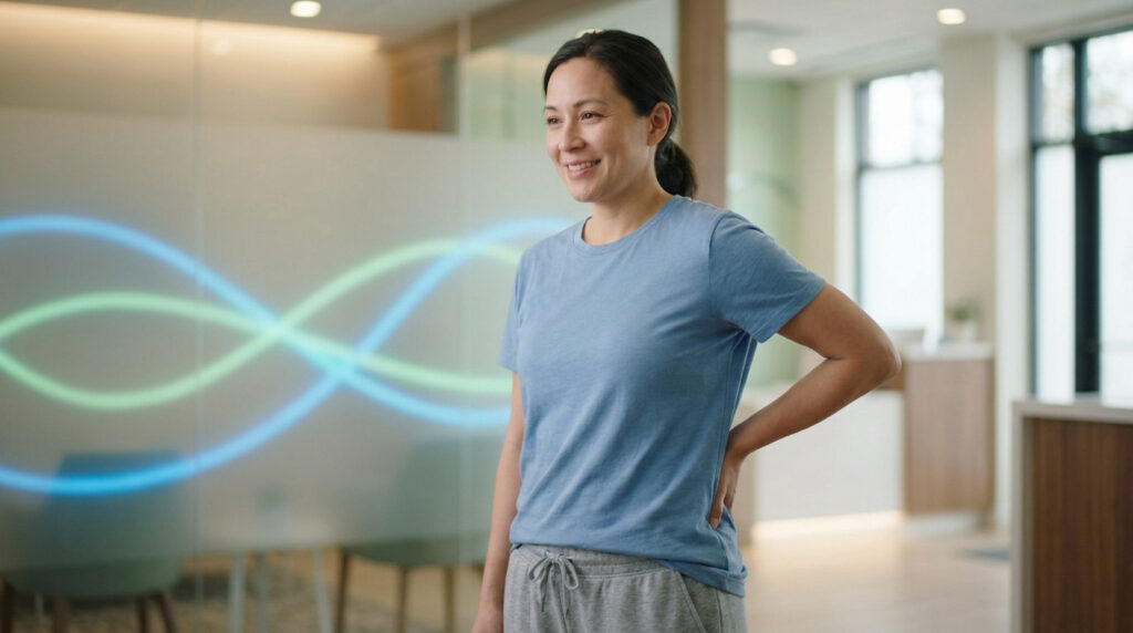 Femme souriante en t-shirt bleu, main sur la hanche. Lignes lumineuses ondulantes bleues et vertes en arrière-plan.