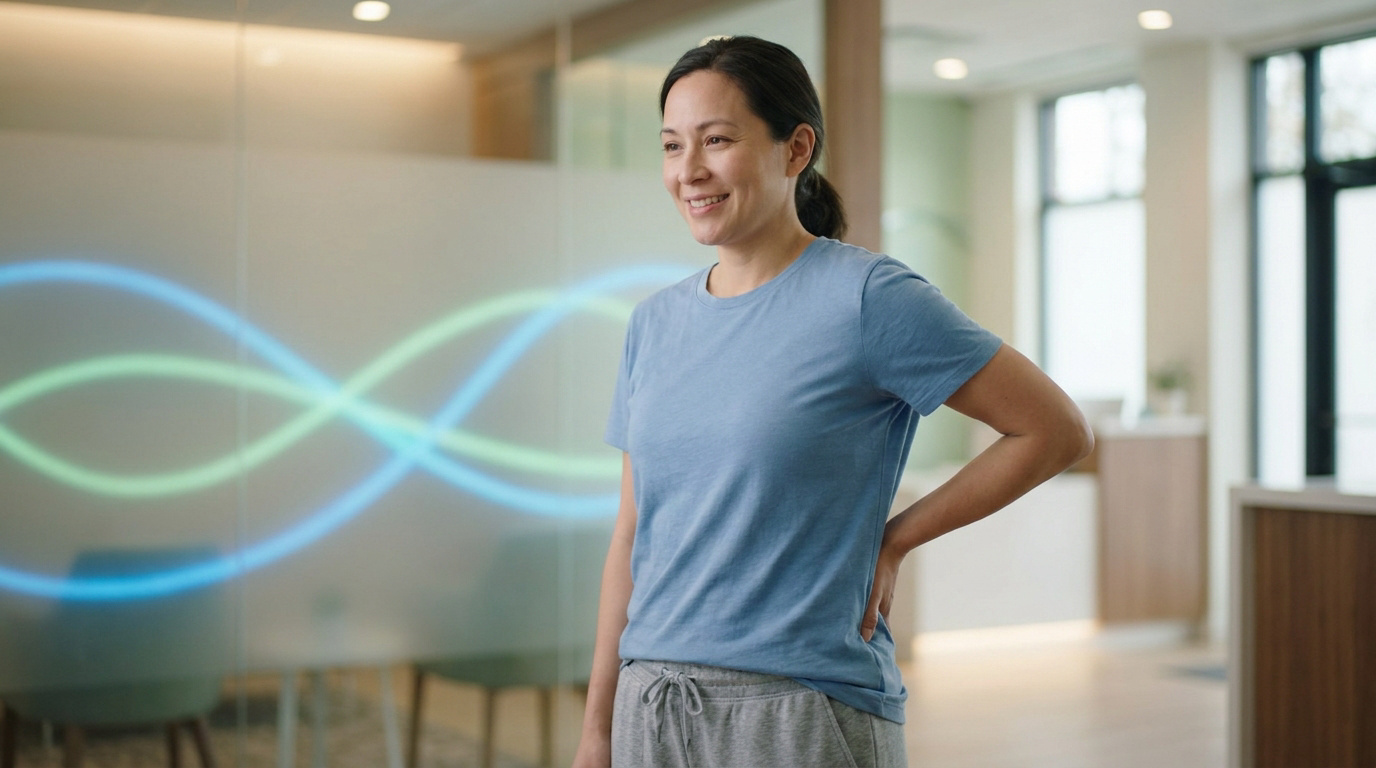 Femme souriante en t-shirt bleu, main sur la hanche. Lignes lumineuses ondulantes bleues et vertes en arrière-plan.