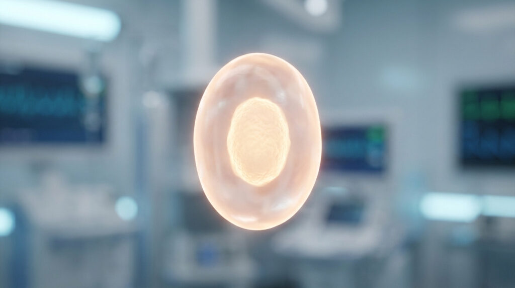 Illustration 3D d'une cellule lumineuse et translucide avec un noyau visible, sur fond flou d'équipement médical.