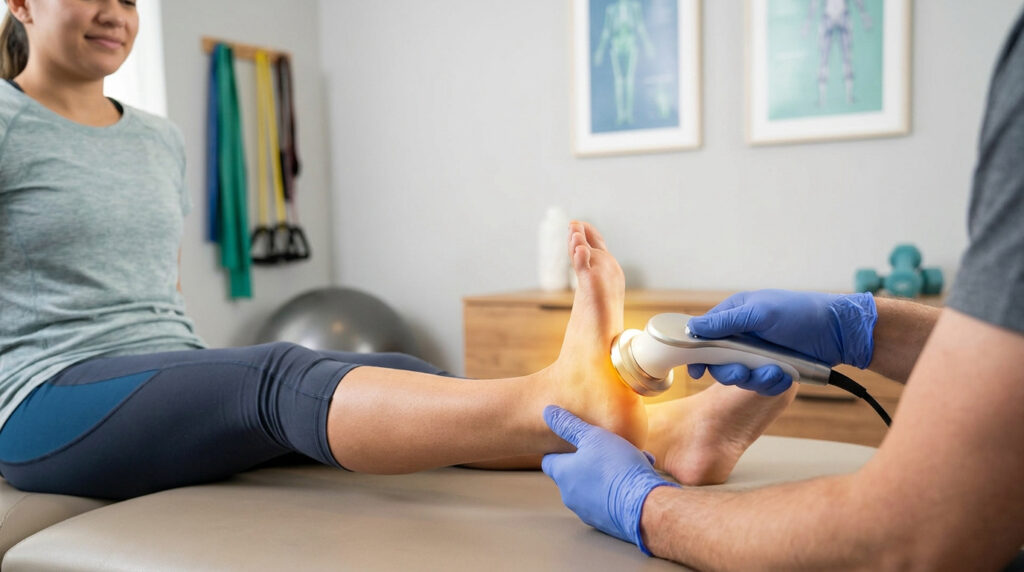 Patiente souriante recevant une técarthérapie à la cheville. Un physiothérapeute applique un appareil sur sa jambe, diffusant une lumière chaude.