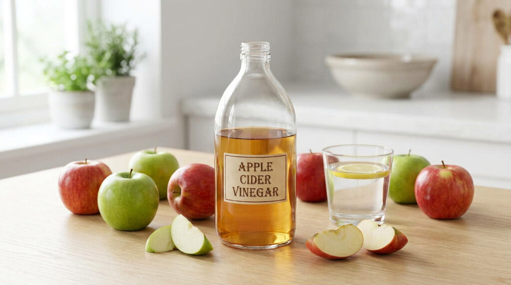 Bouteille de vinaigre de cidre, pommes rouges et vertes, et un verre d'eau citronnée sur une table en bois.