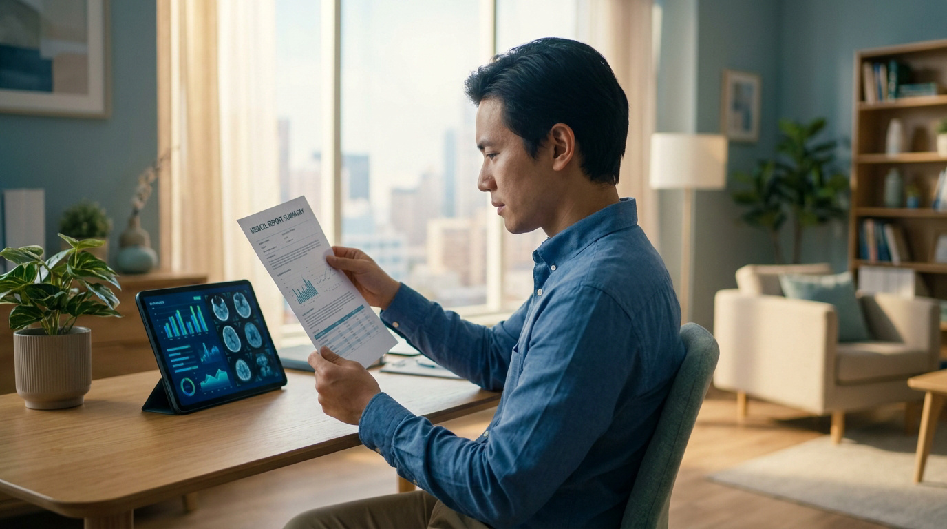 Un homme examine un rapport médical papier et une tablette numérique dans un bureau lumineux.