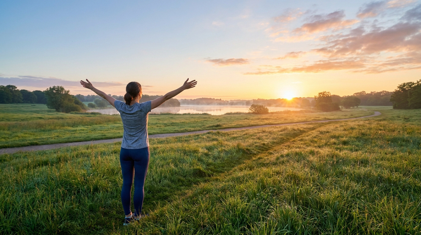 Une femme debout dans un champ au lever du soleil, bras écartés vers le ciel.