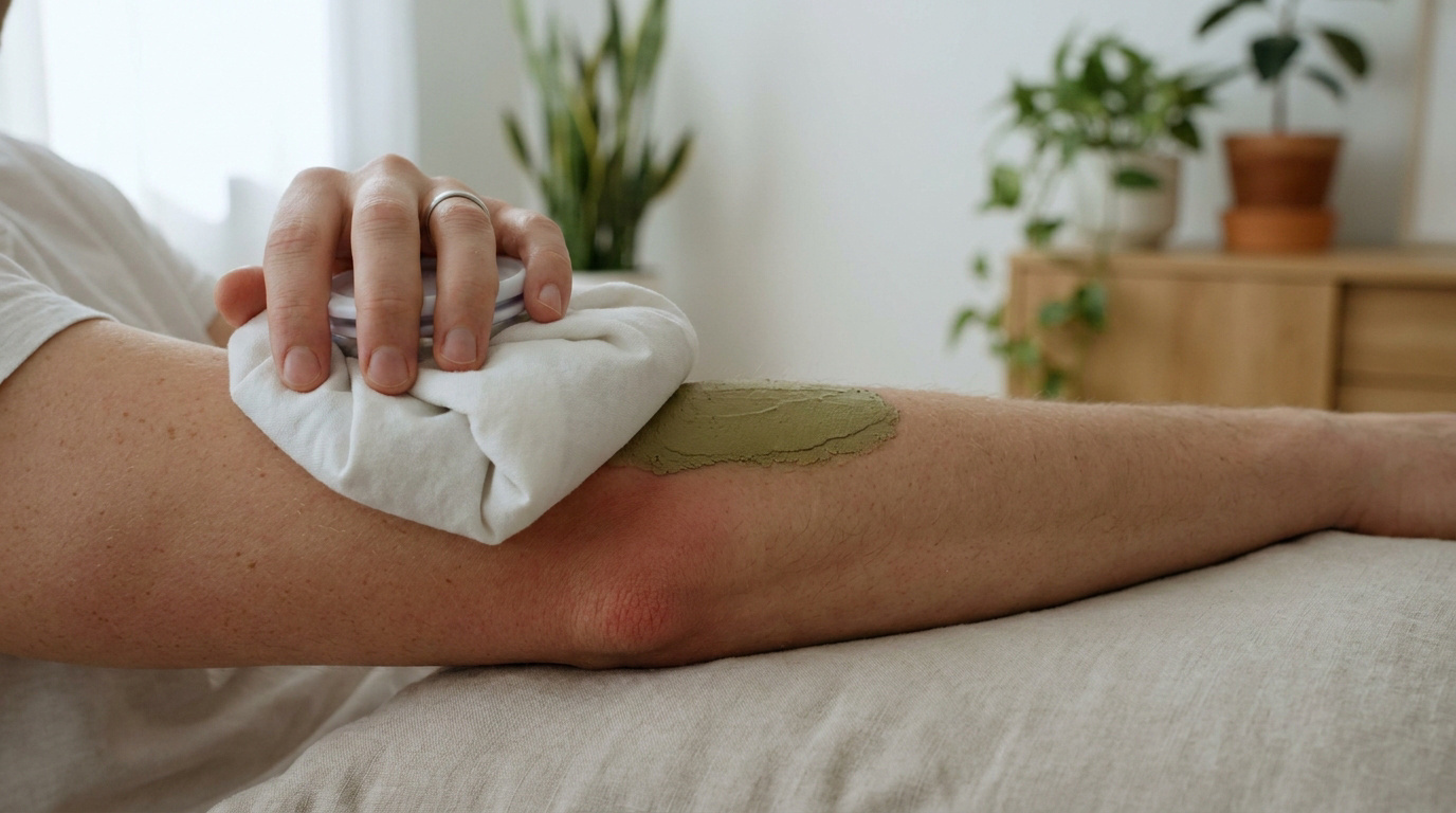 Une personne applique une compresse froide et de l'argile sur son coude pour soulager une bursite.