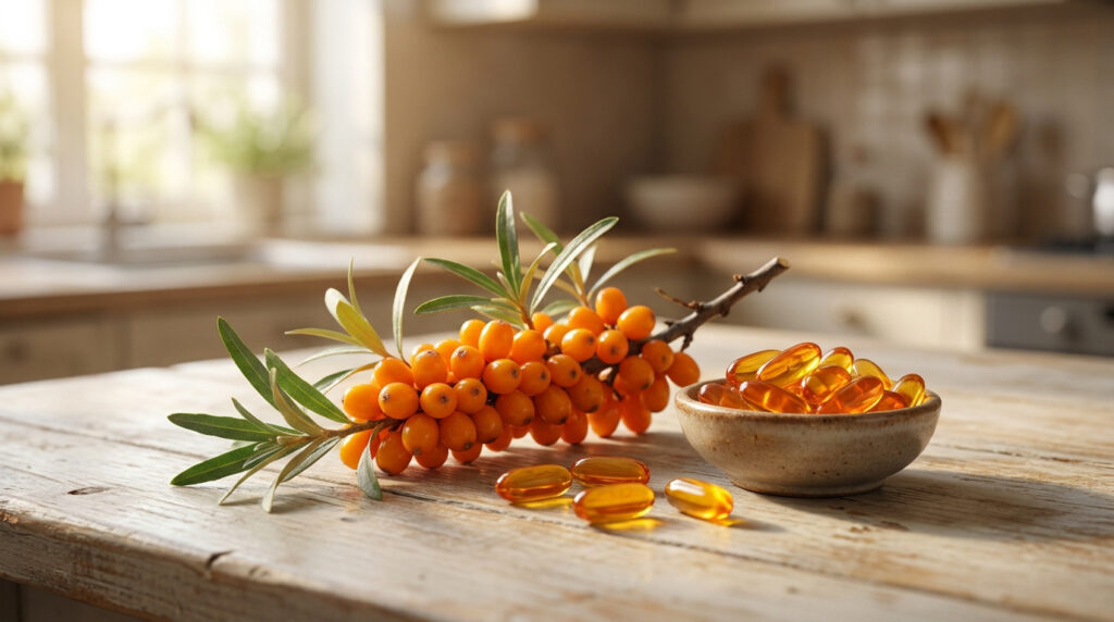 Rameau d'argousier frais à côté d'un petit bol rempli de capsules d'huile sur une table en bois dans une cuisine.