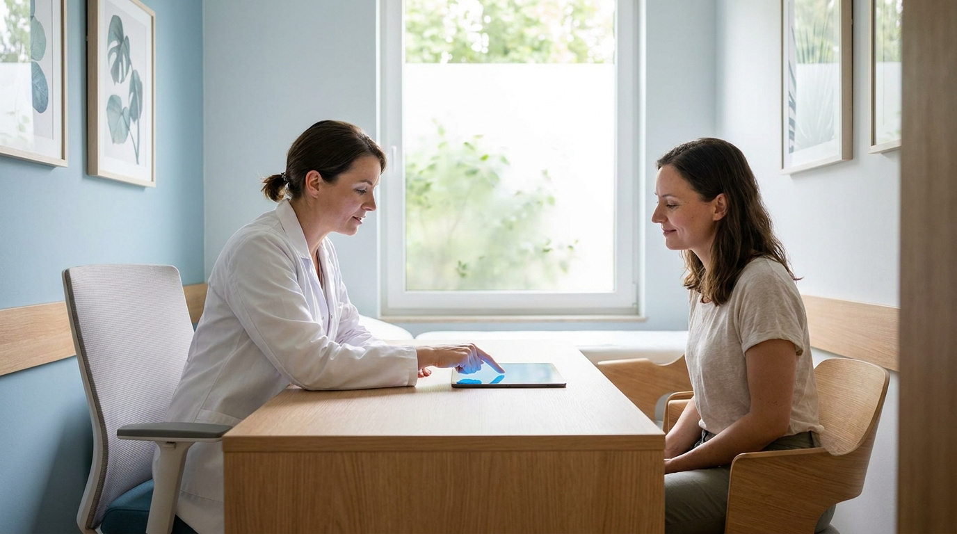 Une femme médecin explique un diagnostic sur une tablette à une patiente dans un cabinet médical lumineux.