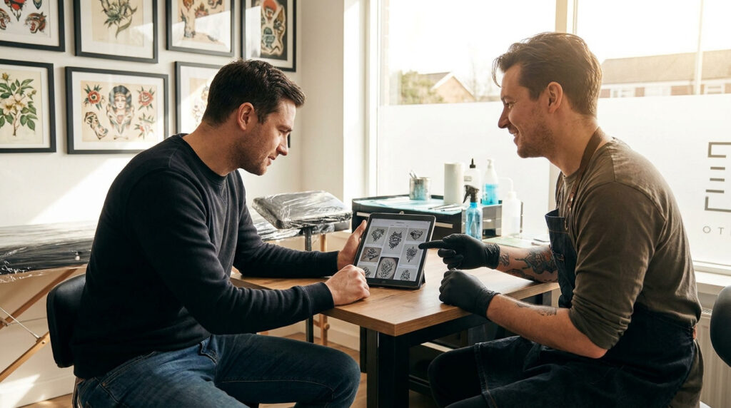 Un tatoueur montre des designs de tatouage sur une tablette à un client dans un studio professionnel lumineux.