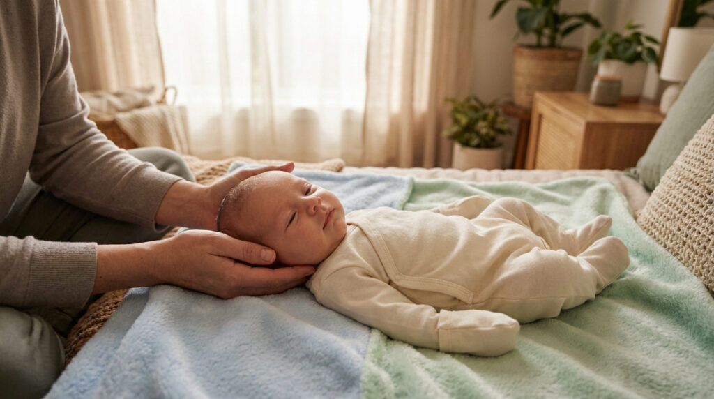 Un parent tient délicatement la tête d'un nouveau-né allongé sur une couverture douce.