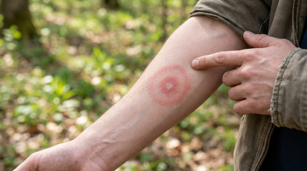 Main pointant une éruption cutanée en forme de cible, signe caractéristique de la maladie de Lyme sur un avant-bras.