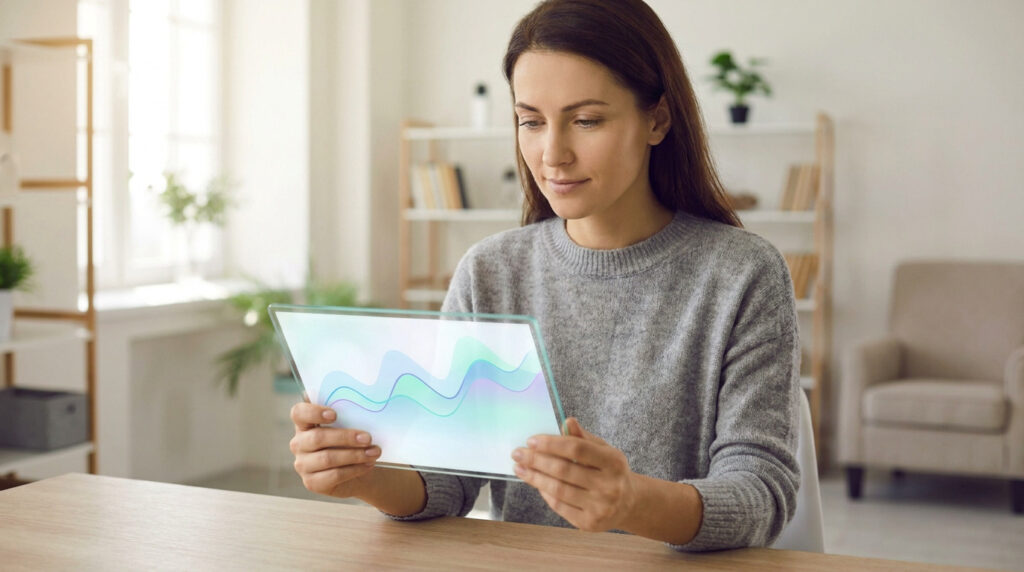 Une femme examine une tablette transparente affichant des courbes de données médicales dans un environnement lumineux.