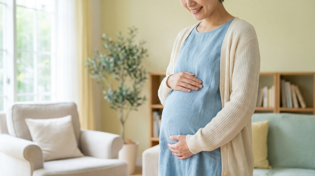 Une femme enceinte souriante porte une robe bleue et un gilet beige tout en tenant délicatement son ventre.