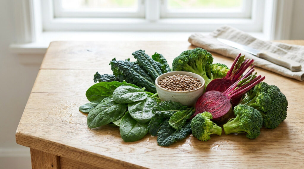 Sélection de légumes riches en fer : épinards, brocolis, chou kale, betteraves et lentilles sur une table en bois.