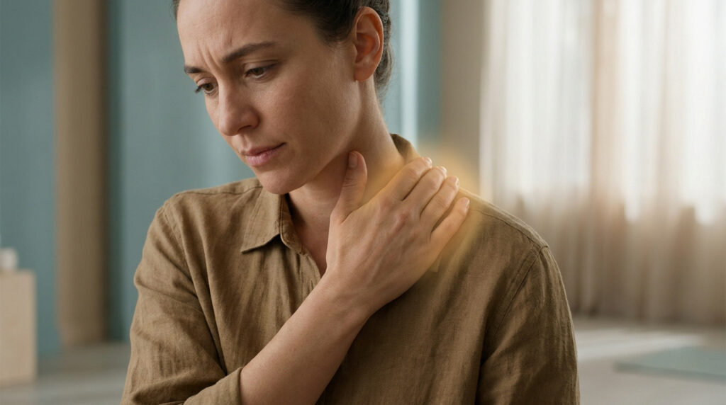 Femme avec une expression douloureuse se massant l'épaule, avec une lueur dorée indiquant une zone de tension.