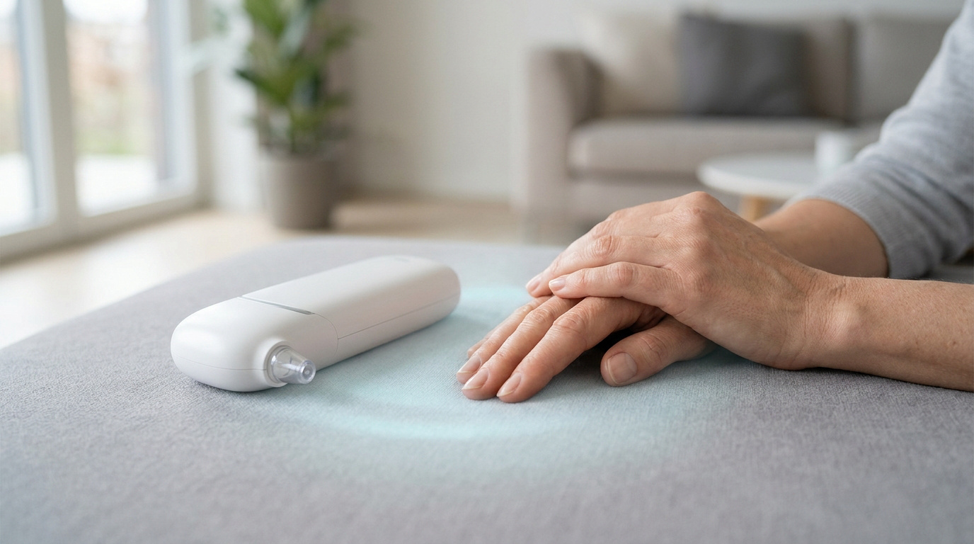 Mains d'une personne à côté d'un appareil médical blanc émettant une lueur bleue sur une surface grise.