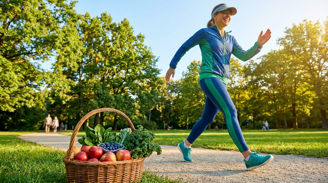 Une femme joyeuse fait de la marche rapide dans un parc près d'un panier rempli de fruits et légumes frais.