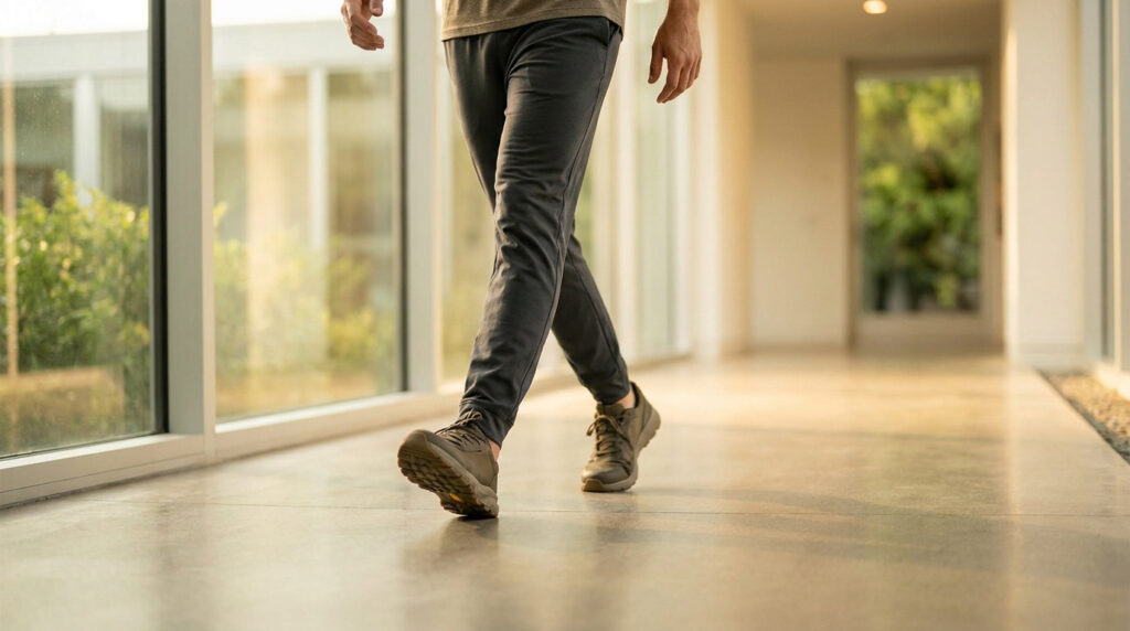 Gros plan sur les jambes d'une personne marchant dans un couloir lumineux.