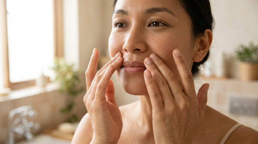 Femme effectuant un massage doux des sillons nasogéniens avec ses doigts dans une salle de bain lumineuse.