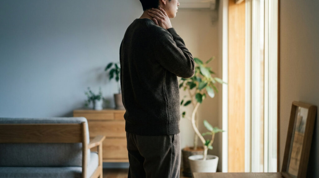 Un homme se tenant debout dans son salon, touchant son cou d'un air soucieux ou pensif.