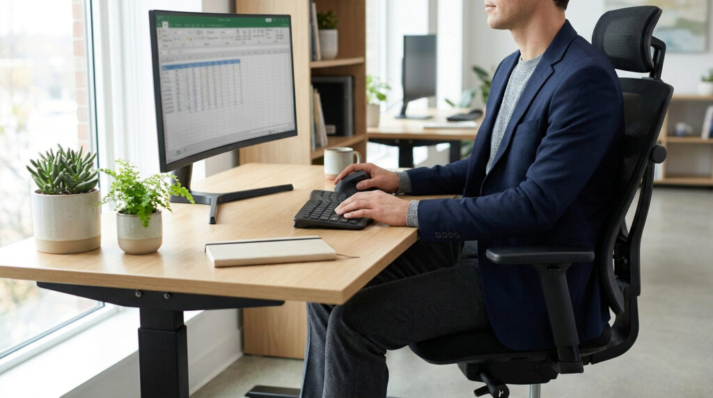 Homme en costume travaillant à son bureau sur un ordinateur avec une posture ergonomique et un siège de bureau.