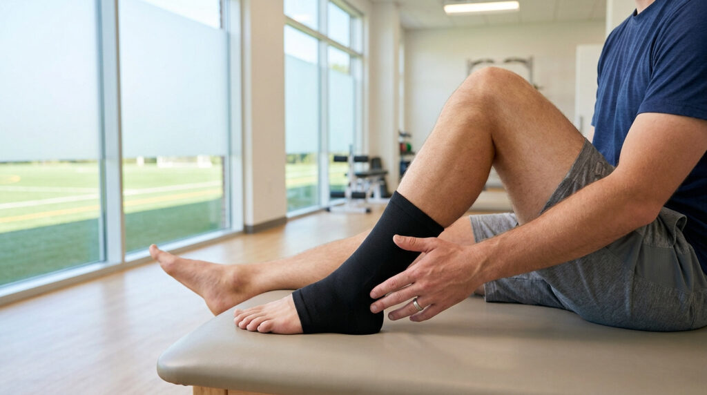 Un homme portant une chevillère de compression noire sur sa jambe blessée alors qu'il est assis dans une salle de soins.