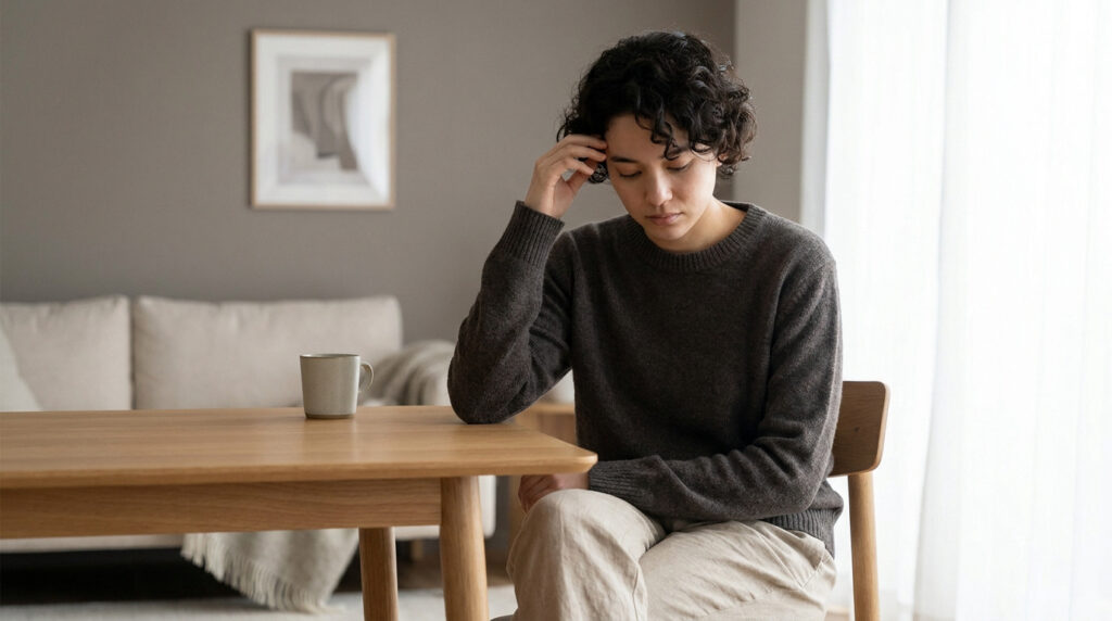 Une personne assise seule à une table, l'air préoccupé et pensif, reflétant un état de détresse psychologique.