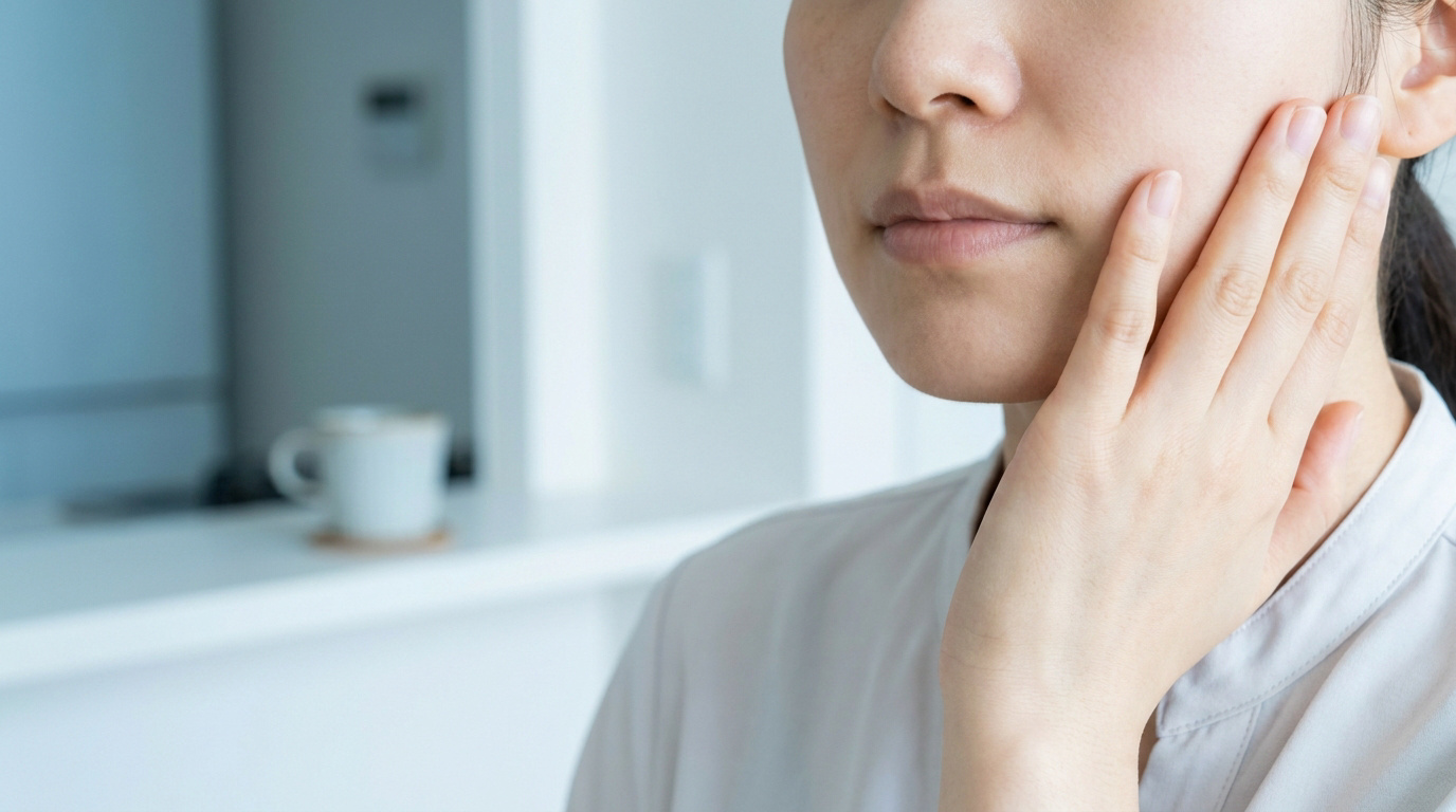 Une femme se tenant la joue avec la main, illustrant une douleur ou une gêne buccale.