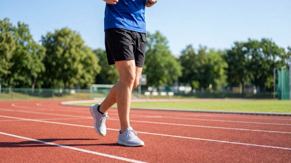 Un coureur en short bleu et chaussures de sport court sur une piste d'athlétisme en extérieur.