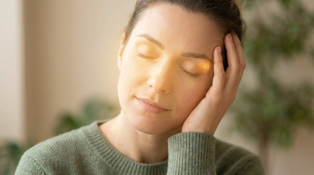 Une femme aux yeux fermés avec une lueur dorée sur la paupière, symbolisant une gêne oculaire.