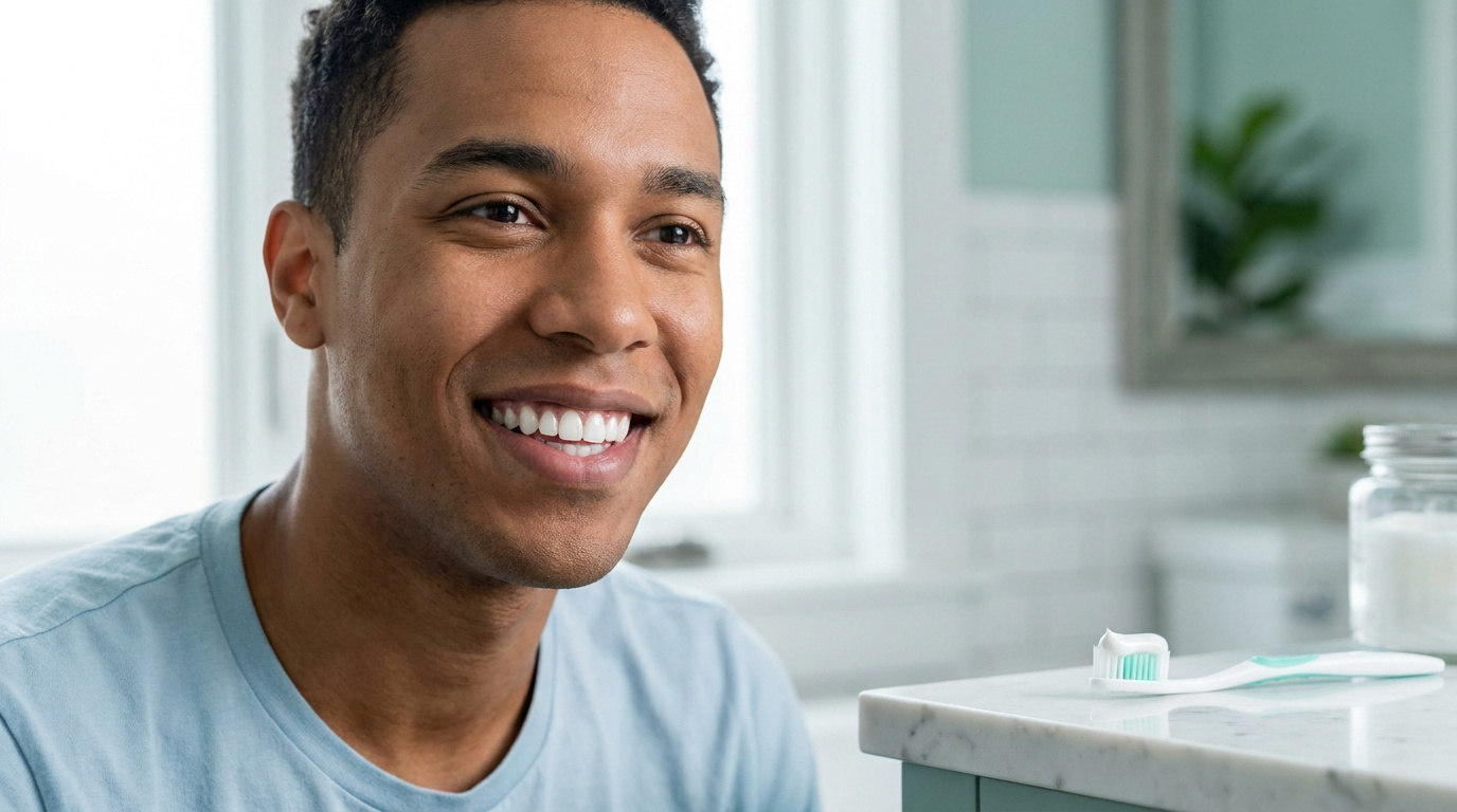 Un jeune homme souriant dans une salle de bain avec une brosse à dents posée sur le comptoir.