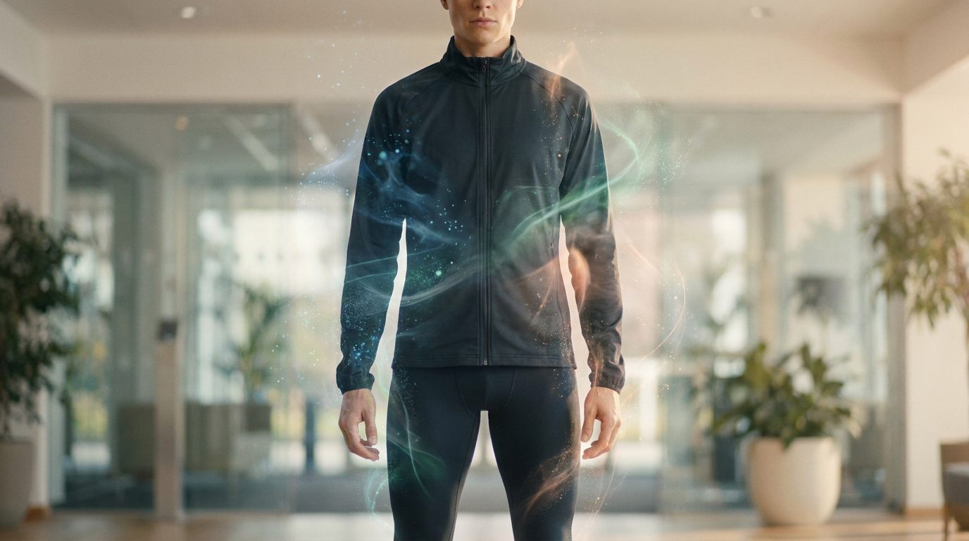 Un homme en tenue de sport entouré d'effets visuels lumineux symbolisant la transformation métabolique du corps.
