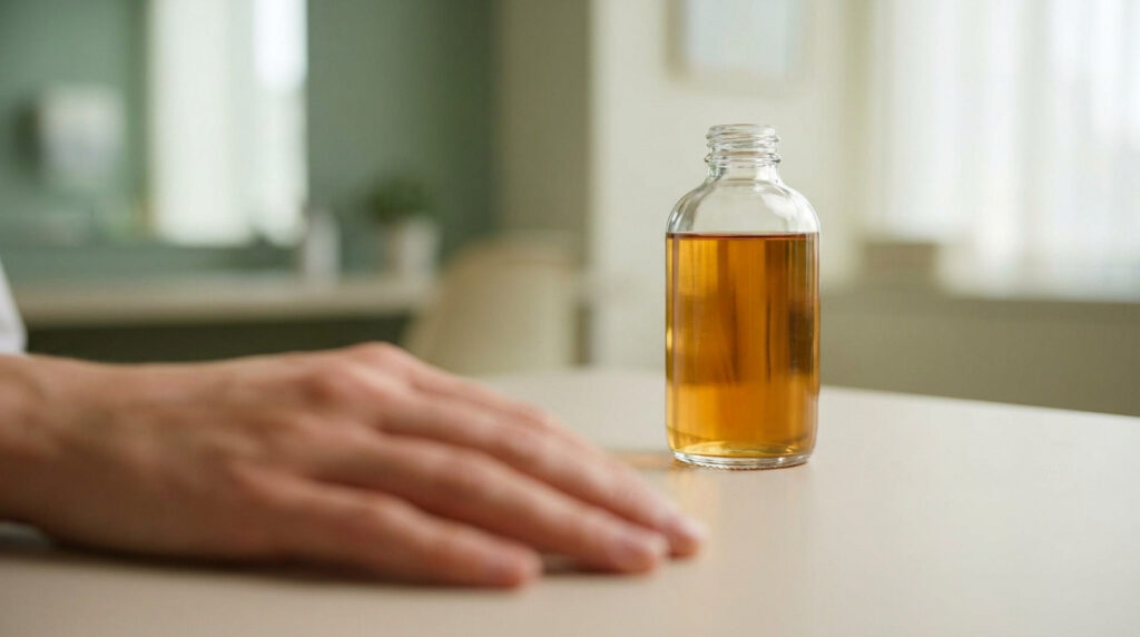 Une bouteille de vinaigre posée sur une table près d'une main, illustrant un remède naturel potentiellement irritant.