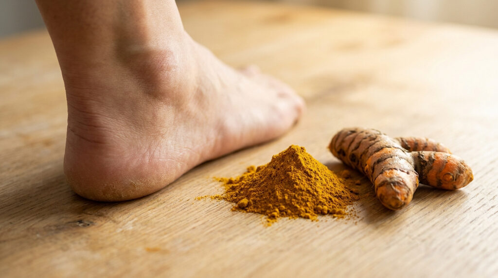 Pied humain à côté d'un tas de poudre de curcuma et d'une racine fraîche sur une table en bois clair.