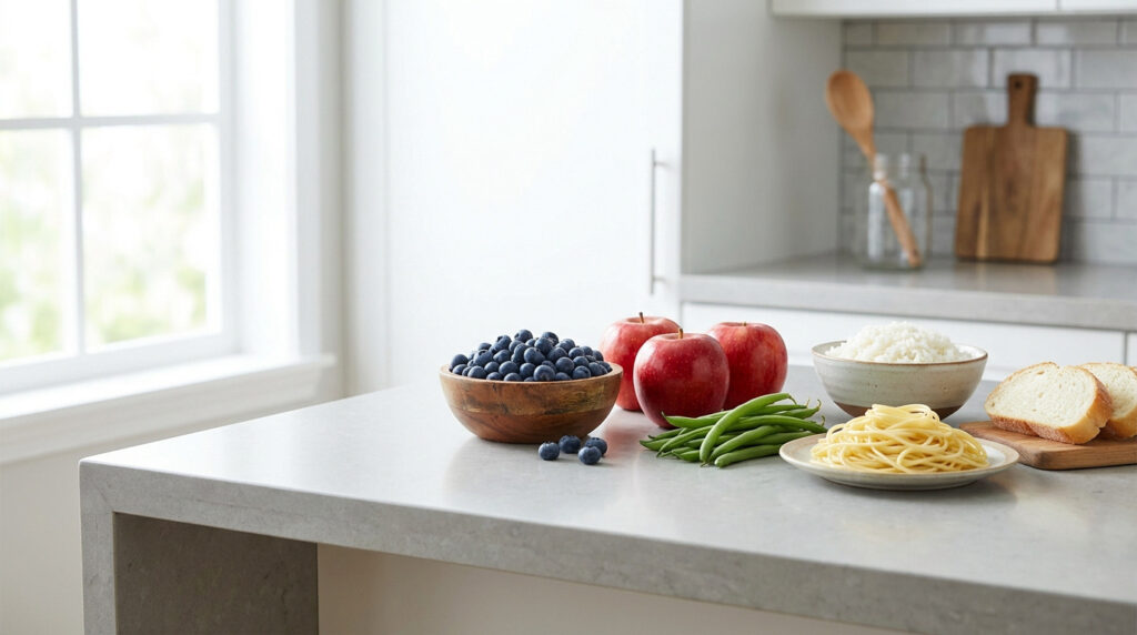 Assortiment d'aliments sains comme des myrtilles, des pommes, du riz et des pâtes disposés sur un comptoir de cuisine.