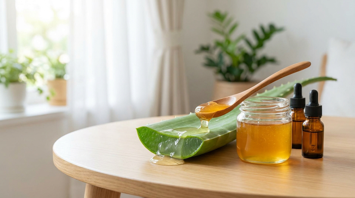 Feuille d'aloe vera, pot de miel et huiles essentielles sur une table en bois pour un soin naturel de la peau.