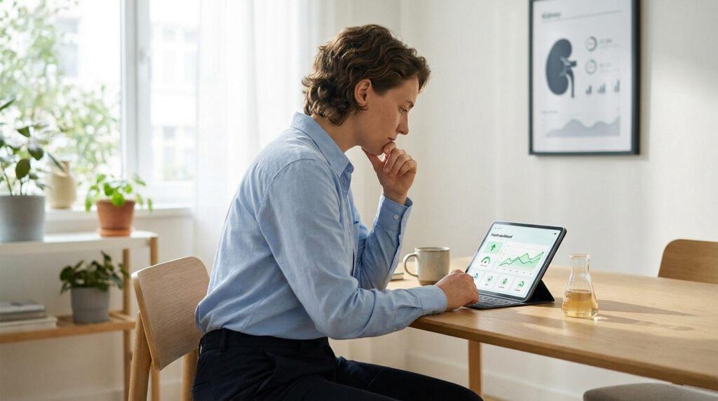Personne réfléchie consultant des données médicales sur une tablette, avec un graphique rénal en arrière-plan.
